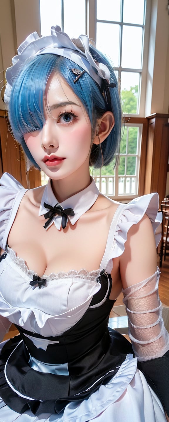 1girl, solo, breasts, looking at viewer, short hair, blue eyes, gloves, cleavage, white hair, black gloves, elbow gloves, hair over one eye, apron, maid, maid headdress, leaning forward, red lips,frilled dress,Taiwan 