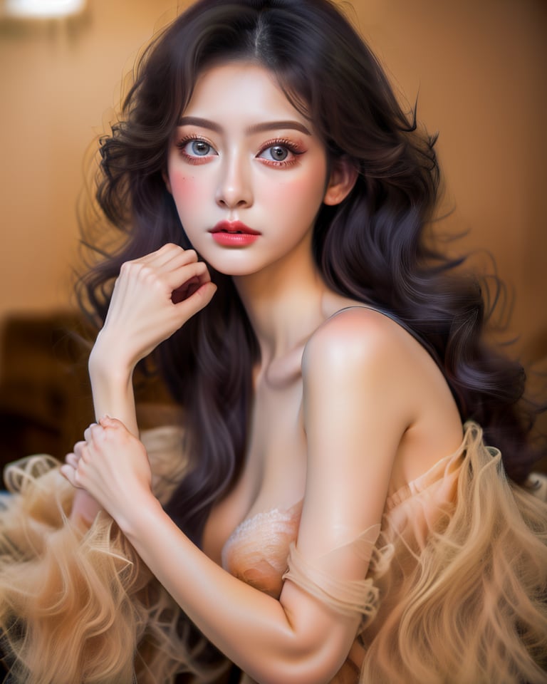 1girl, solo, long hair, breasts, looking at viewer, skirt, large breasts, black hair, cleavage, jewelry, pantyhose, earrings, makeup, lipstick, pale skin, hoop earrings, red lips,Taiwan 