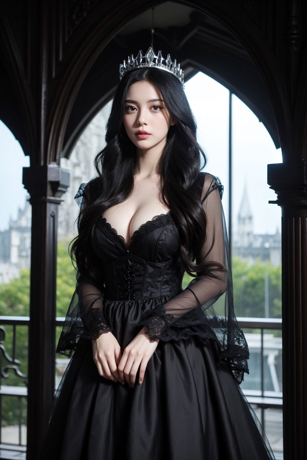 masterpiece, 8k, (real, photo real), best quality, high resolution, perfect details,

1girl, A beautiful goth girl, (Beautiful Hair:1.4), beautiful face, nice light gray eyes, perfect eyes, big breasts, small jewelry crown, (black gothic dress), Temperament, elegance, 

 low contrast, soft light, horror vibe, (black Indoor castle decoration:1.5), shot from head to waist, ,Asia