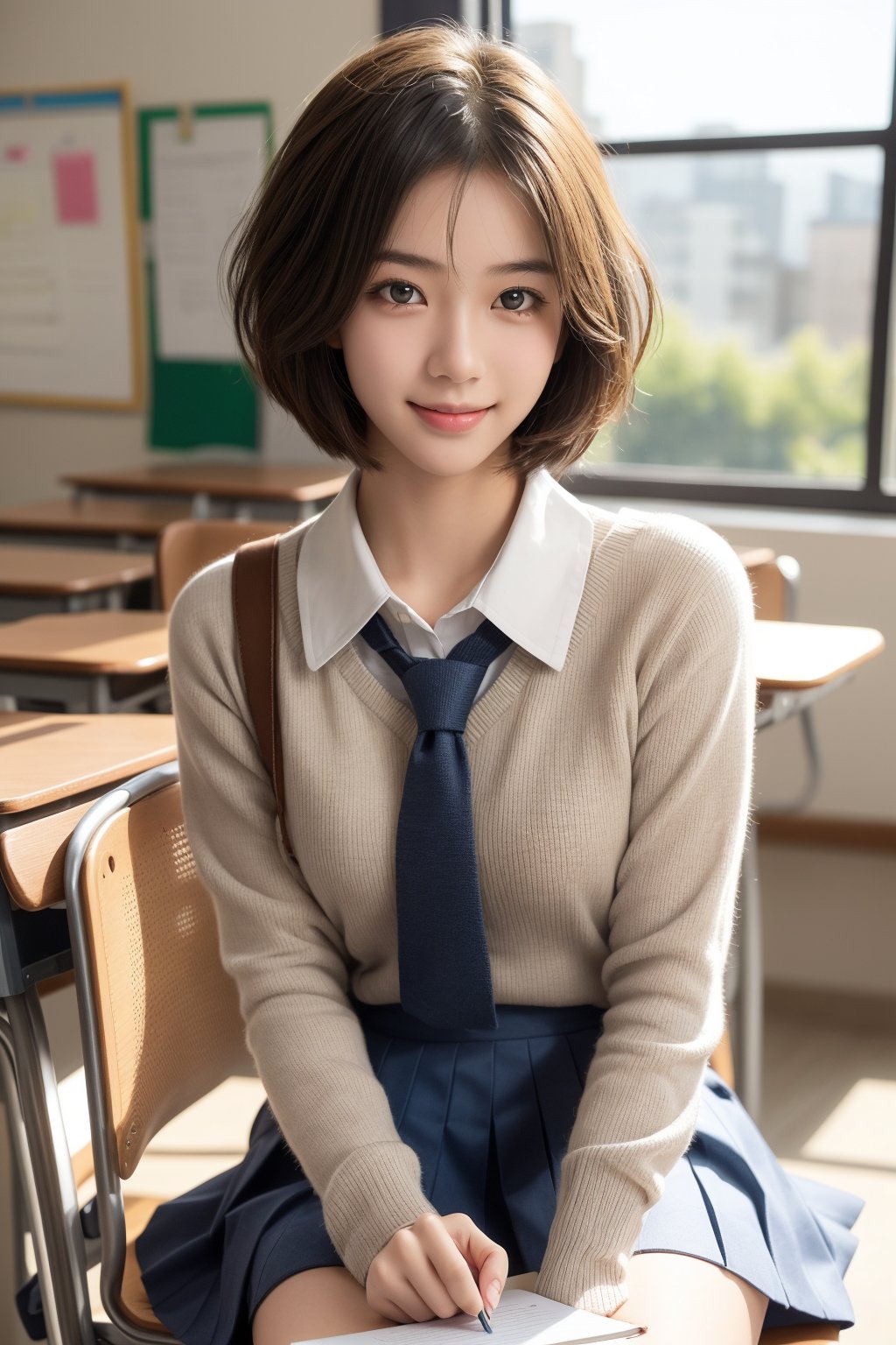 class_room,high school student,girl,short hair,bangs,wearing school uniform,she is sitting at desk and taking note,smile,Best Quality, 32k, photorealistic, ultra-detailed, finely detailed, high resolution, perfect dynamic composition, beautiful detailed eyes, sharp-focus, cowboy_shot, front shot,Asia