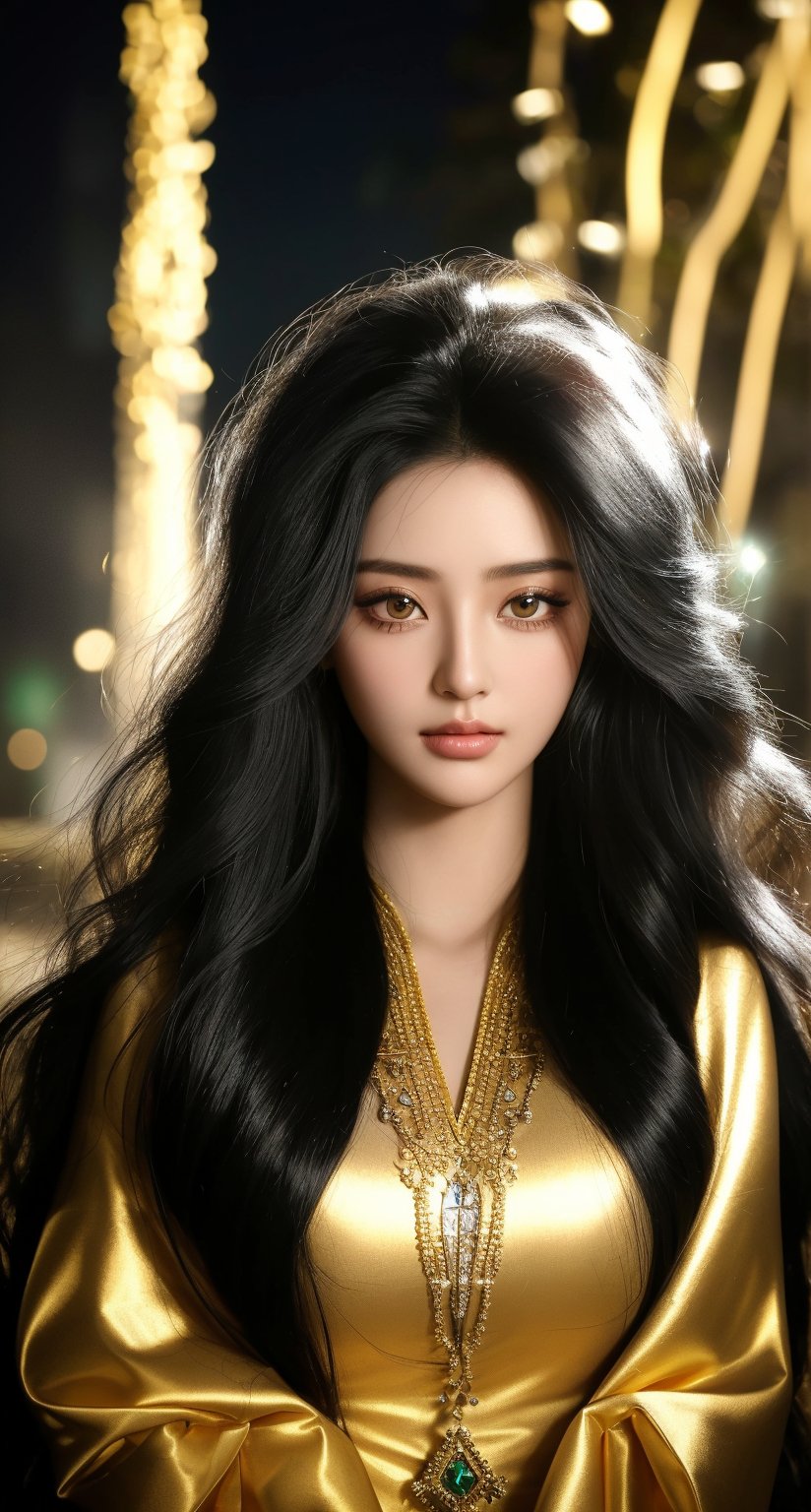 A majestic eqyptian princess , her long black hair cascading down like a waterfall of night. Her piercing eyes sparkle like emeralds in the soft golden light of a thousand candles, as she gazes out into the distance with an air of quiet confidence and mystery. detailed face, 