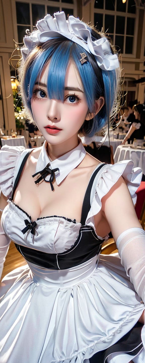 1girl, solo, breasts, looking at viewer, short hair, blue eyes, gloves, cleavage, white hair, black gloves, elbow gloves, hair over one eye, apron, maid, maid headdress, leaning forward, red lips,frilled dress,Taiwan 