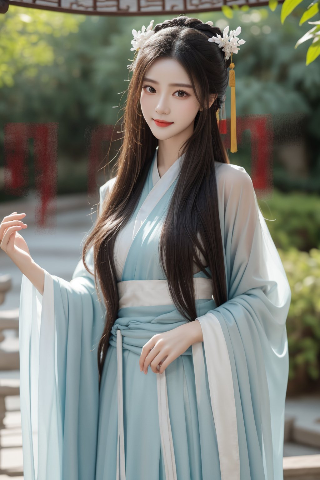 ancient chinese palace,secret garden,girl,1 yo,queen's hair,very_long_hair,hair_past_waist,smile,wearing transparent green long hanfu(very long sleeves),Best Quality, 32k, photorealistic, ultra-detailed, finely detailed, high resolution, perfect dynamic composition, beautiful detailed eyes, sharp-focus, cowboy_shot, front shot,hanfu101,gufeng,Asia