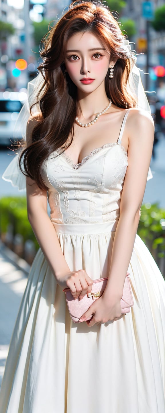 1girl, solo, breasts, looking at viewer, brown hair, dress, cleavage, brown eyes, jewelry, medium breasts, earrings, necklace, bag, white dress, bracelet, wedding dress, realistic, pearl necklace,Taiwan 