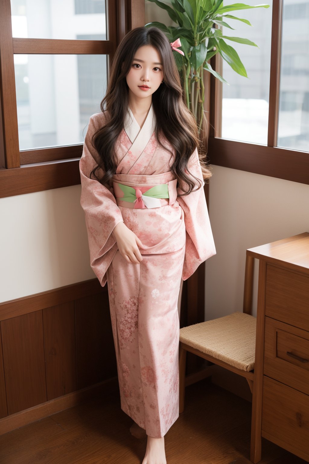 1girl, solo, long hair, looking at viewer, brown hair, black hair, ribbon, holding, , very long hair, hair ribbon, multicolored hair, japanese nude, indoors, pink eyes, bare feet, kimono, english text, cup, book, sash, window, chair, obi, pink ribbon, gag, haori, pink kimono, bamboo, bit gag, checkered sash, kamado nezuko,forehead, standing pose,Asia