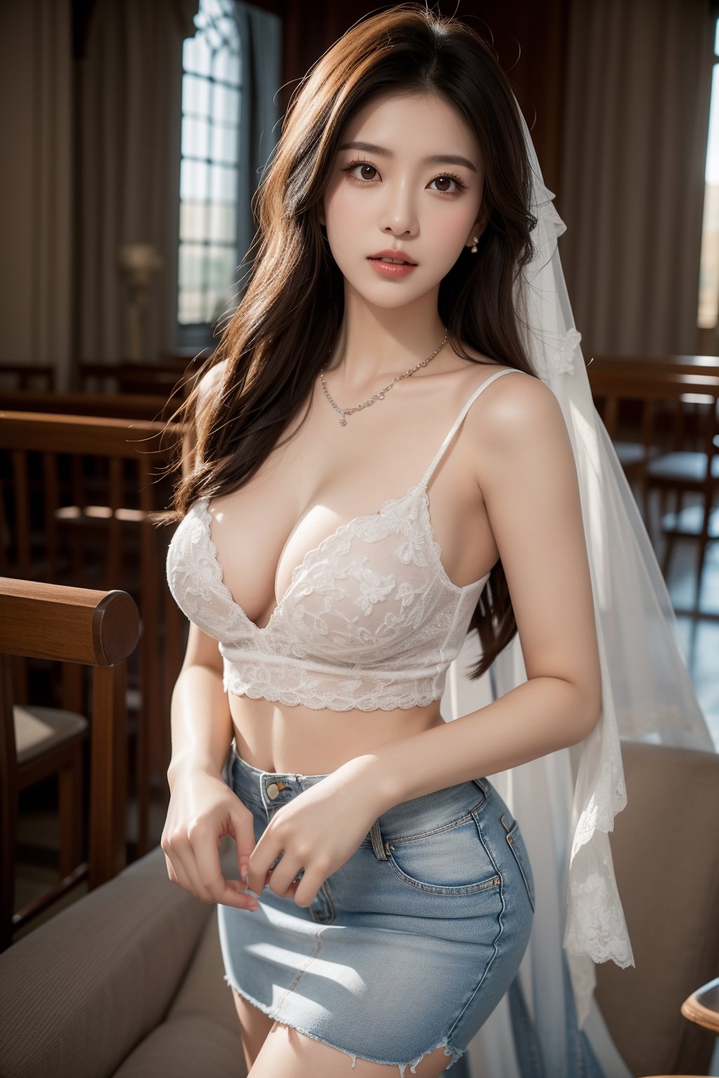 1girl, solo, long hair, breasts, looking at viewer, skirt, large breasts, brown hair, shirt, cleavage, brown eyes, jewelry, parted lips, indoors, necklace, lips, denim, realistic, denim skirt,Asia,seethrough_wedding_dress