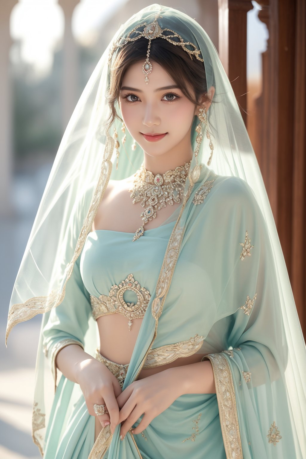 ancient persian palace,16 yo,1 girl,beautiful girl,hair_past_waist,very long hair,curly hair,dark brown hair,blue eyes,wearing persian outfits,wearing transparent veil,transparent face veil,accessories,smile,she is holding 2 swords,Best Quality, 32k, photorealistic, ultra-detailed, finely detailed, high resolution, perfect dynamic composition, beautiful detailed eyes, sharp-focus, cowboy shot,Veil,Asia