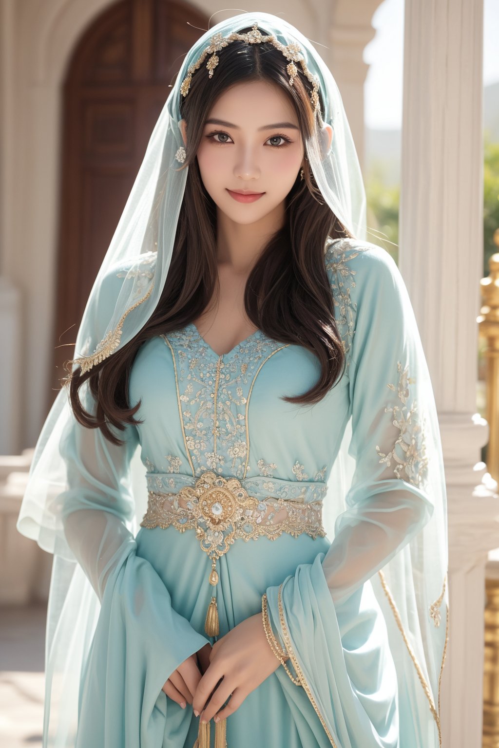 ancient persian palace,16 yo,1 girl,beautiful girl,hair_past_waist,very long hair,curly hair,dark brown hair,blue eyes,wearing persian outfits,wearing transparent veil,transparent face veil,accessories,smile,she is holding 2 swords,Best Quality, 32k, photorealistic, ultra-detailed, finely detailed, high resolution, perfect dynamic composition, beautiful detailed eyes, sharp-focus, cowboy shot,Veil,Asia