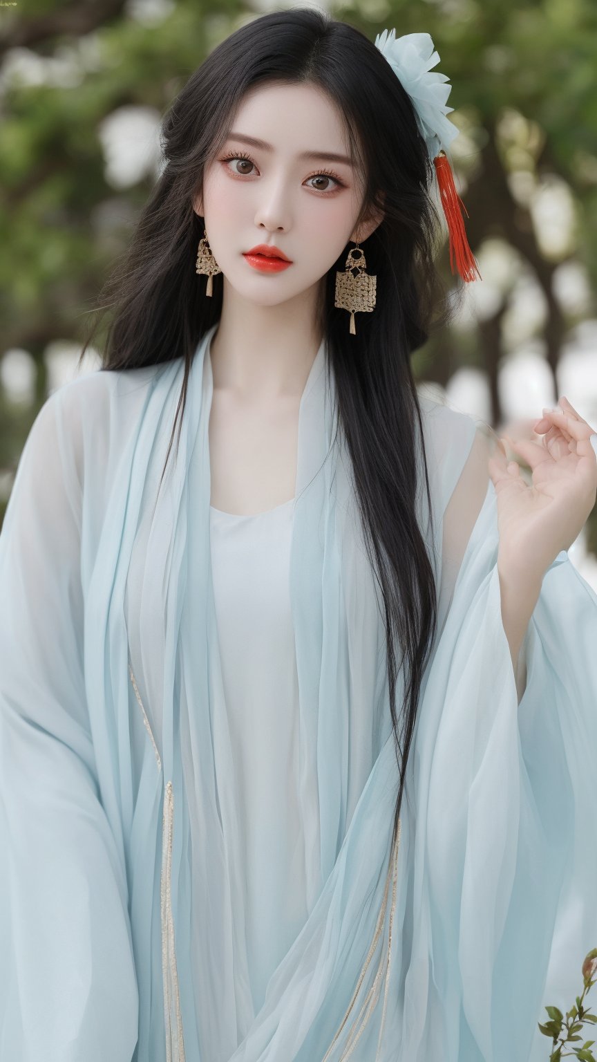 1girl, solo, long hair, looking at viewer, black hair, hair ornament, dress, jewelry, upper body, earrings, black eyes, chinese clothes, realistic,Asia,hanfu