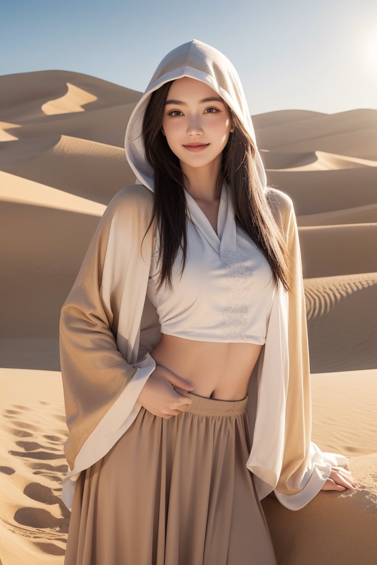 desert, dune,sun,horizon,an explorer,16 yo,beautiful girl,very long hair, straight hair,brown hair,smile,wearing desert cloth(chiffon long skirt,hood,long sleeve robe),Best Quality, 32k, photorealistic, ultra-detailed, finely detailed, high resolution, perfect dynamic composition, beautiful detailed eyes, sharp-focus, cowboy shot,front view,Chinese ink painting,Nature,Asia