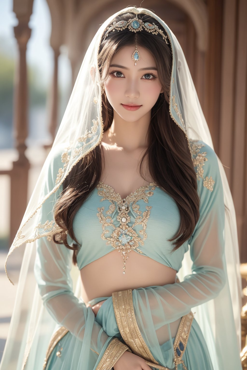 ancient persian palace,16 yo,1 girl,beautiful girl,hair_past_waist,very long hair,curly hair,dark brown hair,blue eyes,wearing persian outfits,wearing transparent veil,transparent face veil,accessories,smile,she is holding 2 swords,Best Quality, 32k, photorealistic, ultra-detailed, finely detailed, high resolution, perfect dynamic composition, beautiful detailed eyes, sharp-focus, cowboy shot,Veil,Asia