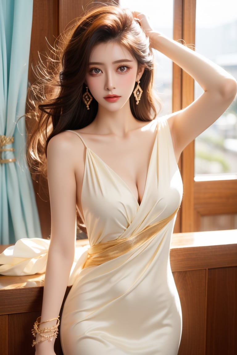 1girl, solo, long hair, looking at viewer, black hair, dress, brown eyes, jewelry, earrings, indoors, white dress, arm up, bracelet, realistic,Taiwan 