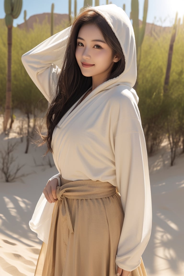 desert, dune,sun,horizon,an explorer,16 yo,beautiful girl,very long hair, straight hair,brown hair,smile,wearing desert cloth(chiffon long skirt,hood,long sleeve robe),Best Quality, 32k, photorealistic, ultra-detailed, finely detailed, high resolution, perfect dynamic composition, beautiful detailed eyes, sharp-focus, cowboy shot,front view,Chinese ink painting,Nature,Asia