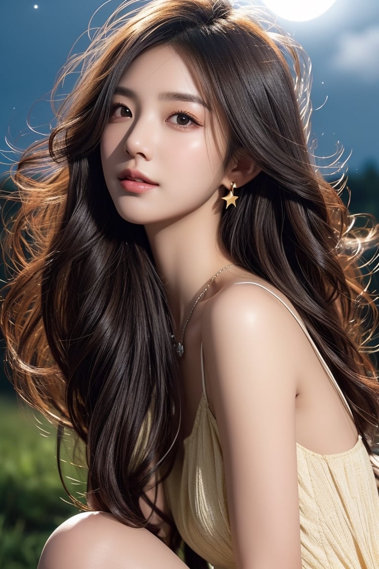 background is night sky, stars, moon,galaxy,dark,backlighting,astronomical telescope,
18 yo, 1 girl, beautiful korean girl,sitting on a hill,
wearing white simple dress,raise head and look up at the sky, smile, solo, {beautiful and detailed eyes}, dark eyes, calm expression, delicate facial features, ((model pose)), Glamor body type, (dark hair:1.2), simple tiny earrings, simple tiny necklace,very_long_hair, hair past hip, bangs, curly hair, flim grain, realhands, masterpiece, Best Quality, 16k, photorealistic, ultra-detailed, finely detailed, high resolution, perfect dynamic composition, beautiful detailed eyes, eye smile, ((nervous and embarrassed)), sharp-focus, full_body, cowboy_shot,Asia