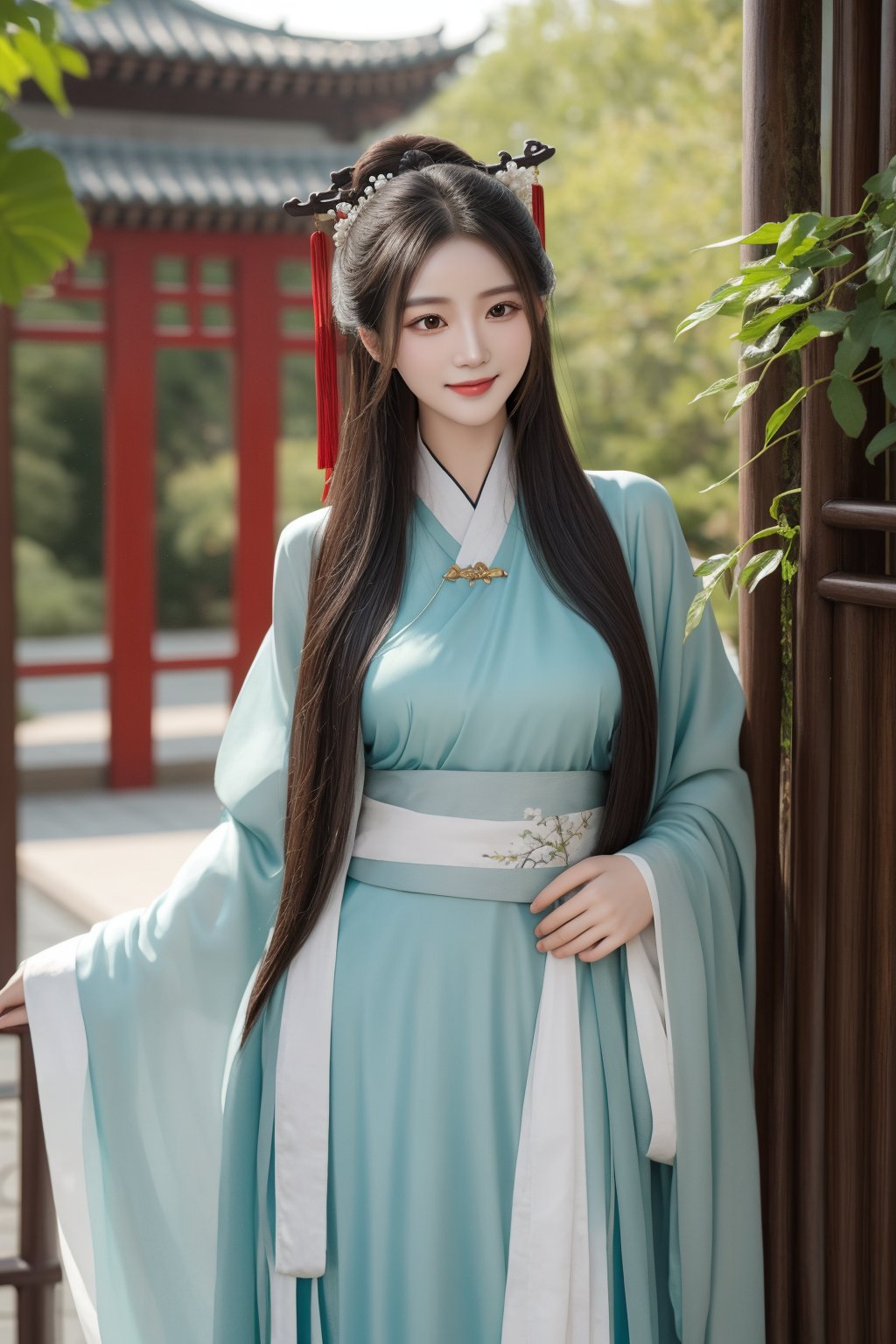 ancient chinese palace,secret garden,girl,1 yo,queen's hair,very_long_hair,hair_past_waist,smile,wearing transparent green long hanfu(very long sleeves),Best Quality, 32k, photorealistic, ultra-detailed, finely detailed, high resolution, perfect dynamic composition, beautiful detailed eyes, sharp-focus, cowboy_shot, front shot,hanfu101,gufeng,Asia