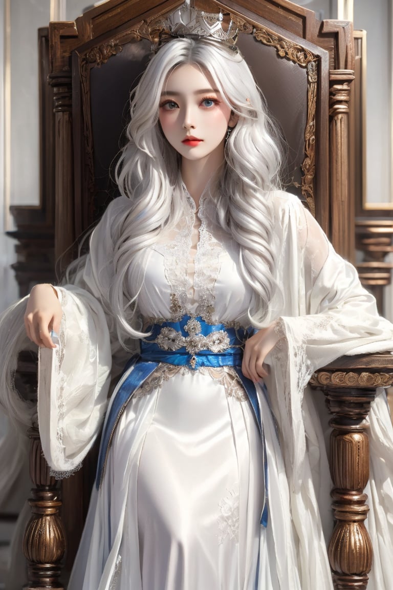 (masterpiece),(best quality),(ultra detailed),1girl,solo,hip up,closed mouth,colored golen dress,crown,throne,accessories, BREAK
(white hair color:1.05),Taiwan 