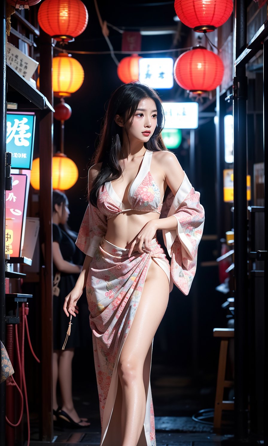 A serene Asian woman stands confidently in a dimly lit alleyway, her slender figure illuminated by the soft glow of lanterns overhead. She wears a traditional kimono with vibrant colors and intricate designs, its flowing fabric rustling softly as she poses, one hand resting on her hip, the other holding a delicate fans. Hottest Queen, ,nhaythoaty,Asia