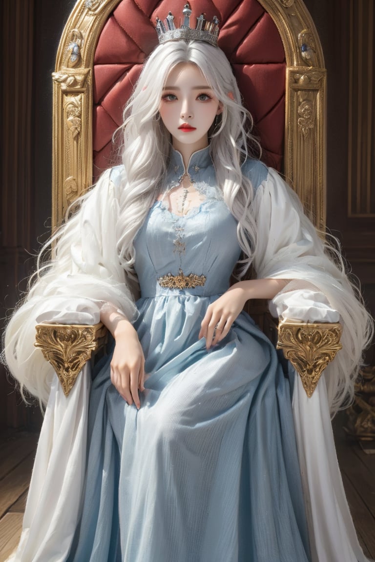 (masterpiece),(best quality),(ultra detailed),1girl,solo,hip up,closed mouth,colored golen dress,crown,throne,accessories, BREAK
(white hair color:1.05),Taiwan 