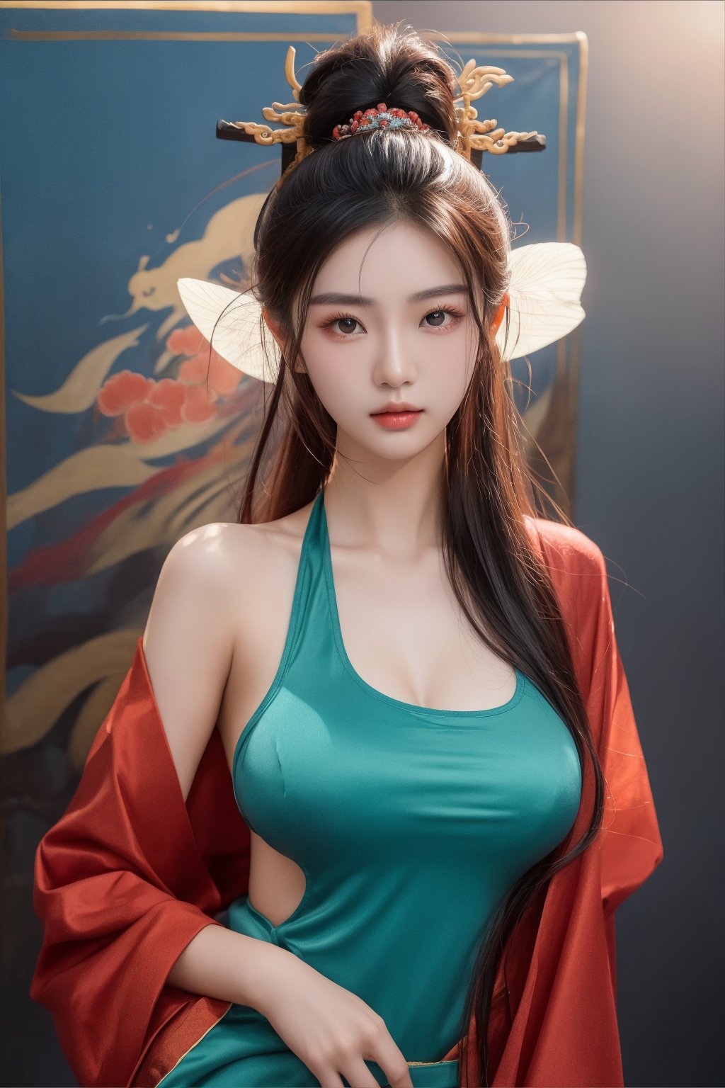 A 18-year-old Taiwanese beauty supermodel, cool and solo, with big natural breasts and long black hair, posing in a fashion model pose. Staring into the camera, the background is a soft Chinese color painting.,Asia