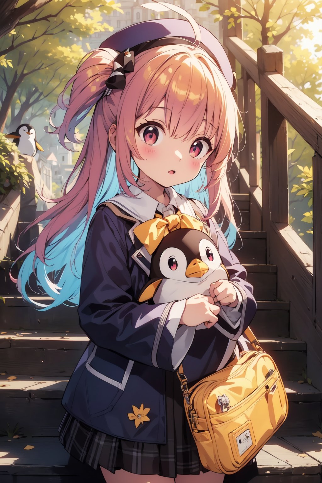 masterpiece,illustration,ray tracing,finely detailed,best detailed,Clear picture,intricate details,highlight,
anime,
gothic architecture,
looking at viewer,

nature,gothic architecture,bird,the lakeside in the heart of the forest,the staircase of the balcony,

NikkeRei,
1girl,loli,baby,long hair,hat,red hair,blue eyes,yellow bow,yellow bag,skirt,upper body,
NikkePenguin,Penguin,