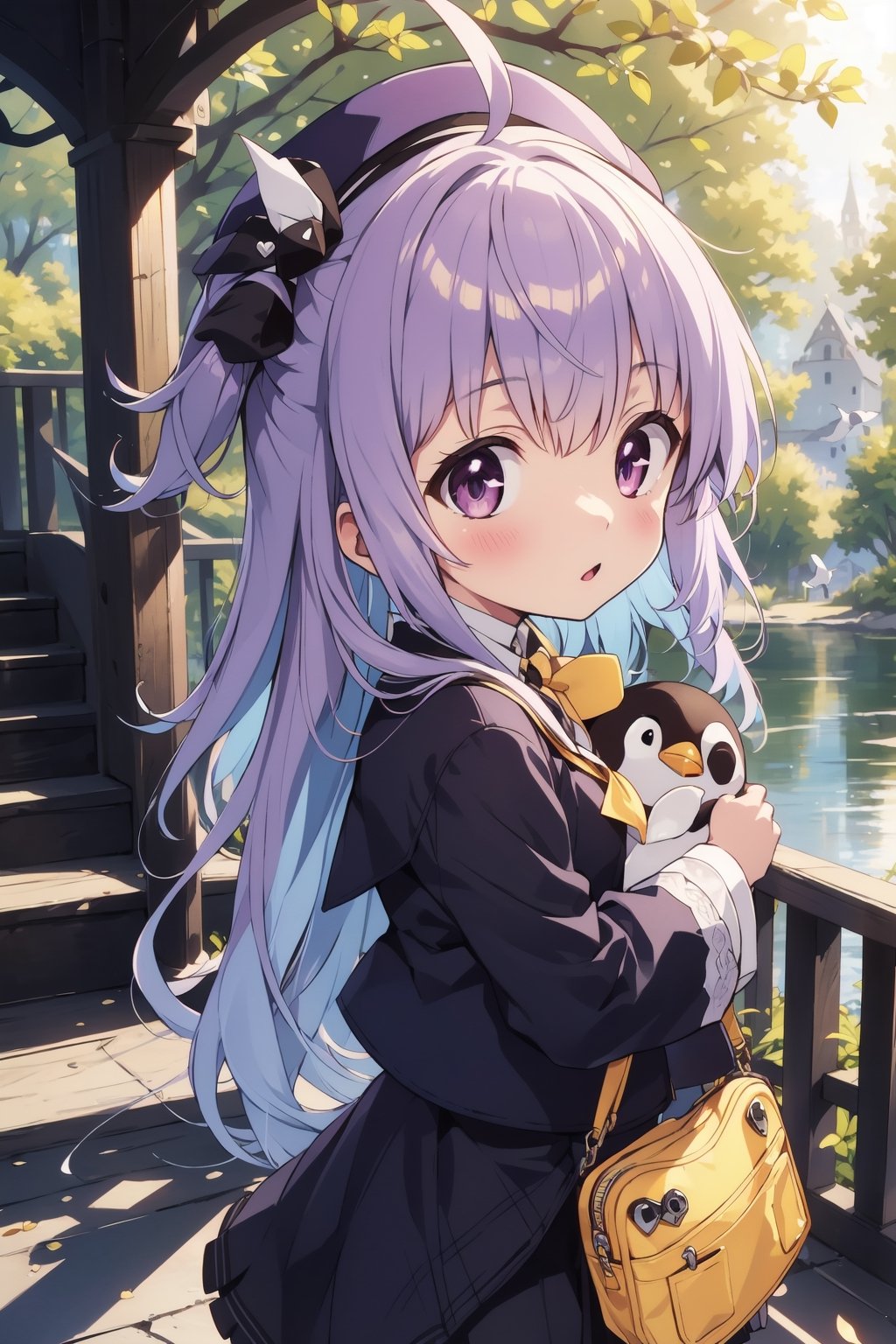 masterpiece,illustration,ray tracing,finely detailed,best detailed,Clear picture,intricate details,highlight,
anime,
gothic architecture,
looking at viewer,

nature,gothic architecture,bird,the lakeside in the heart of the forest,the staircase of the balcony,

NikkeRei,
1girl,loli,baby,long hair,hat,light purple hair,
yellow bow,yellow bag,skirt,upper body,
NikkePenguin,Penguin,