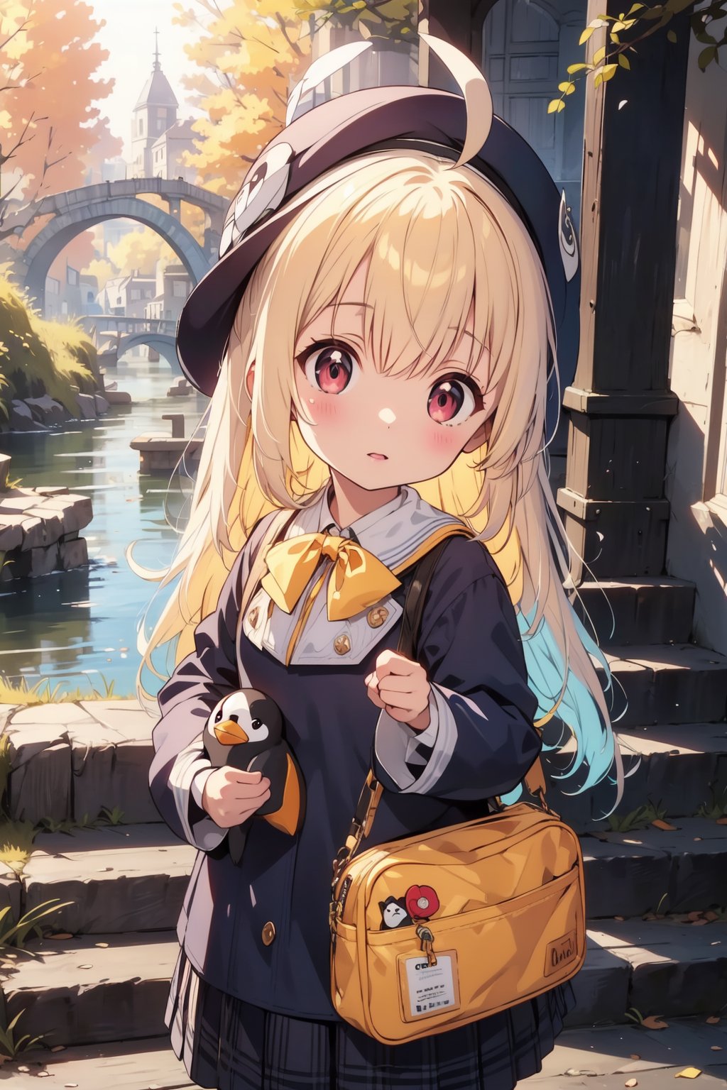 masterpiece,illustration,ray tracing,finely detailed,best detailed,Clear picture,intricate details,highlight,
anime,
gothic architecture,
looking at viewer,

nature,gothic architecture,bird,the lakeside in the heart of the forest,the staircase of the balcony,

NikkeRei,
1girl,loli,baby,long hair,hat,light blonde hair,
yellow bow,yellow bag,skirt,upper body,
NikkePenguin,Penguin,