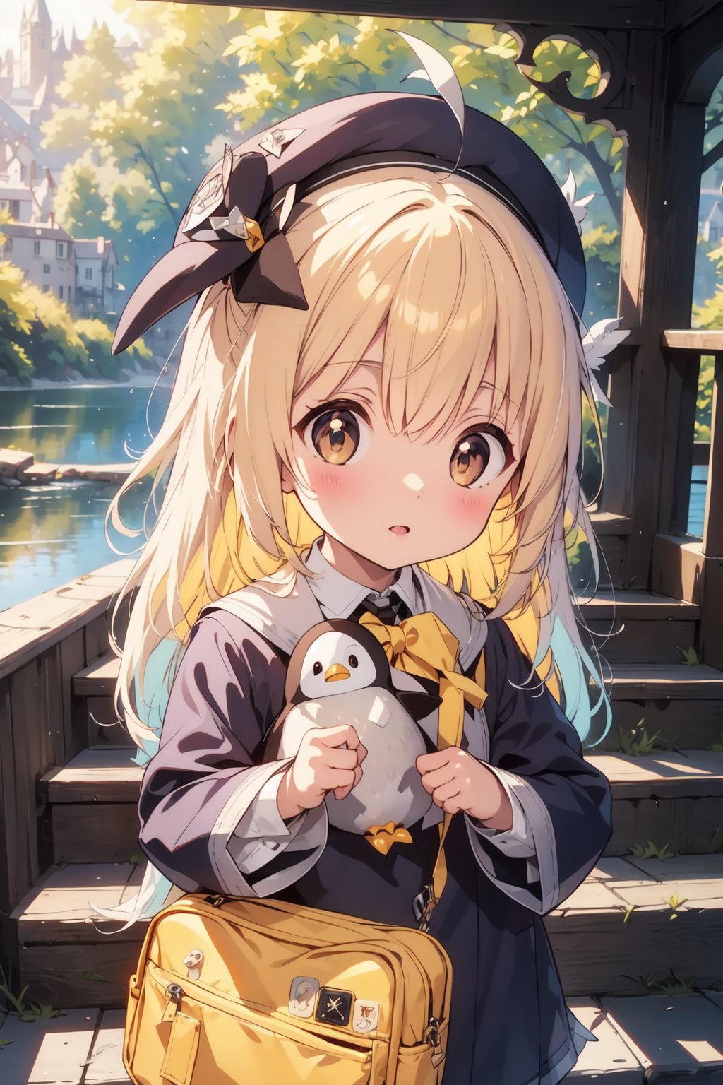 masterpiece,illustration,ray tracing,finely detailed,best detailed,Clear picture,intricate details,highlight,
anime,
gothic architecture,
looking at viewer,

nature,gothic architecture,bird,the lakeside in the heart of the forest,the staircase of the balcony,

NikkeRei,
1girl,loli,baby,long hair,hat,light blonde hair,
yellow bow,yellow bag,skirt,upper body,
NikkePenguin,Penguin,