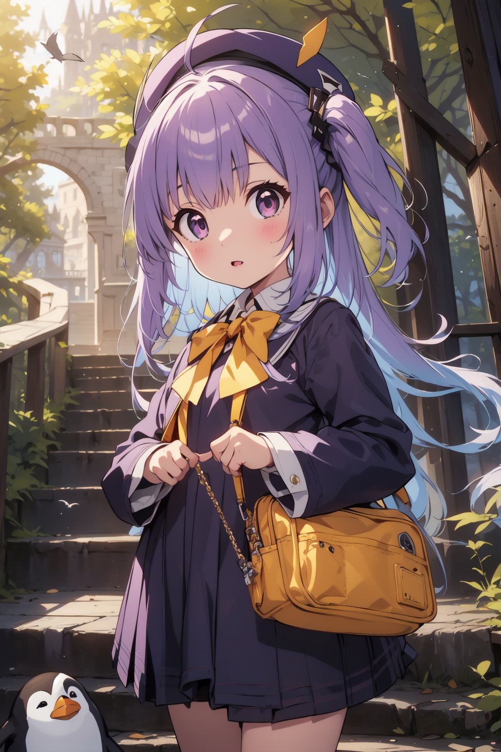 masterpiece,illustration,ray tracing,finely detailed,best detailed,Clear picture,intricate details,highlight,
anime,
gothic architecture,
looking at viewer,

nature,gothic architecture,bird,the lakeside in the heart of the forest,the staircase of the balcony,

NikkeRei,
1girl,loli,baby,long hair,hat,purple hair,blue eyes,yellow bow,yellow bag,skirt,upper body,
NikkePenguin,Penguin,