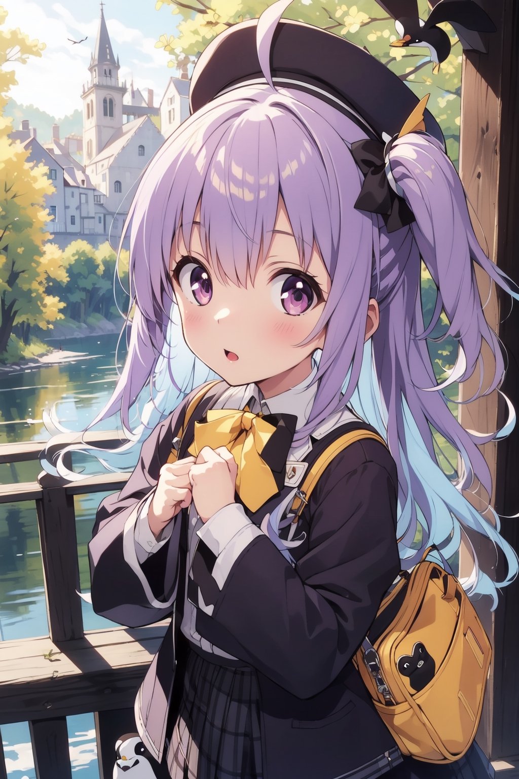 masterpiece,illustration,ray tracing,finely detailed,best detailed,Clear picture,intricate details,highlight,
anime,
gothic architecture,
looking at viewer,

nature,gothic architecture,bird,the lakeside in the heart of the forest,the staircase of the balcony,

NikkeRei,
1girl,loli,baby,long hair,hat,light purple hair,
yellow bow,yellow bag,skirt,upper body,
NikkePenguin,Penguin,