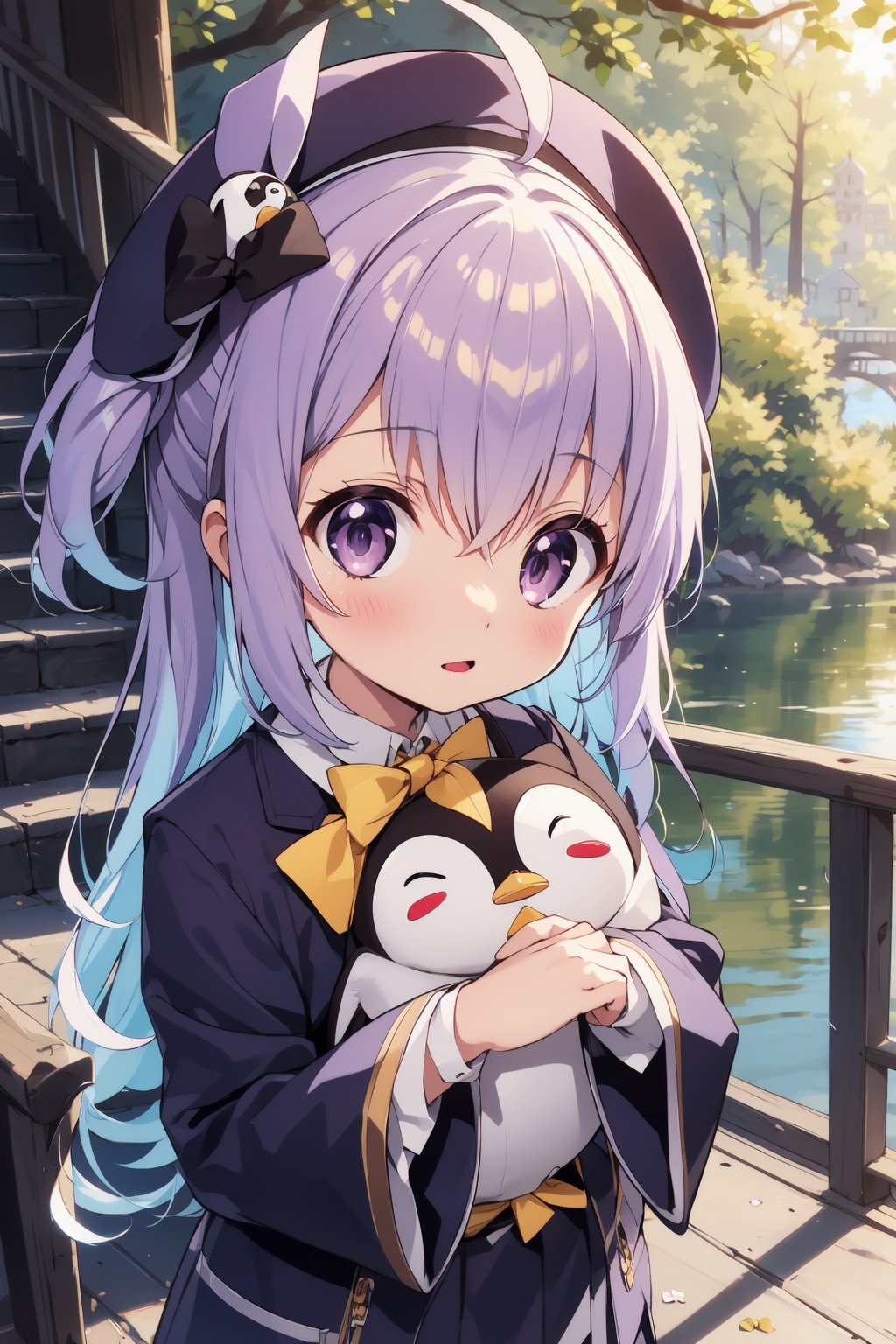 masterpiece,illustration,ray tracing,finely detailed,best detailed,Clear picture,intricate details,highlight,
anime,
gothic architecture,
looking at viewer,

nature,gothic architecture,bird,the lakeside in the heart of the forest,the staircase of the balcony,

NikkeRei,
1girl,loli,baby,long hair,hat,light purple hair,
yellow bow,yellow bag,skirt,upper body,
NikkePenguin,Penguin,