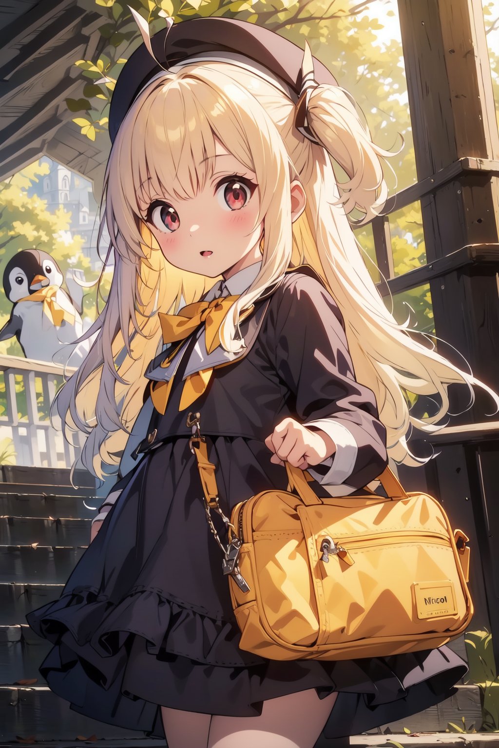 masterpiece,illustration,ray tracing,finely detailed,best detailed,Clear picture,intricate details,highlight,
anime,
gothic architecture,
looking at viewer,

nature,gothic architecture,bird,the lakeside in the heart of the forest,the staircase of the balcony,

NikkeRei,
1girl,loli,baby,long hair,hat,light blonde hair,
yellow bow,yellow bag,skirt,upper body,
NikkePenguin,Penguin,