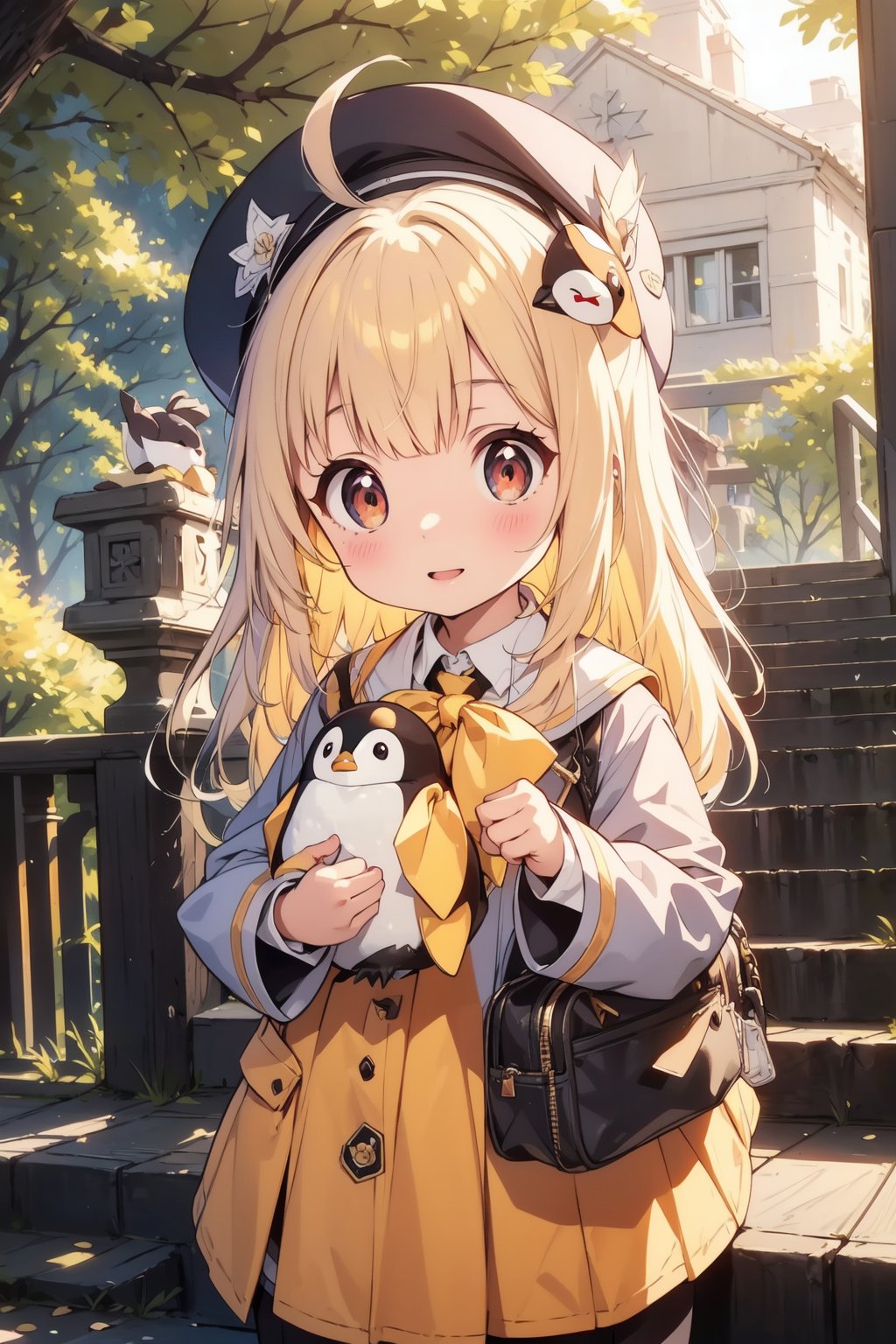 masterpiece,illustration,ray tracing,finely detailed,best detailed,Clear picture,intricate details,highlight,
anime,
gothic architecture,
looking at viewer,

nature,gothic architecture,bird,the lakeside in the heart of the forest,the staircase of the balcony,

NikkeRei,
1girl,loli,baby,long hair,hat,light blonde hair,
yellow bow,yellow bag,skirt,upper body,
NikkePenguin,Penguin,