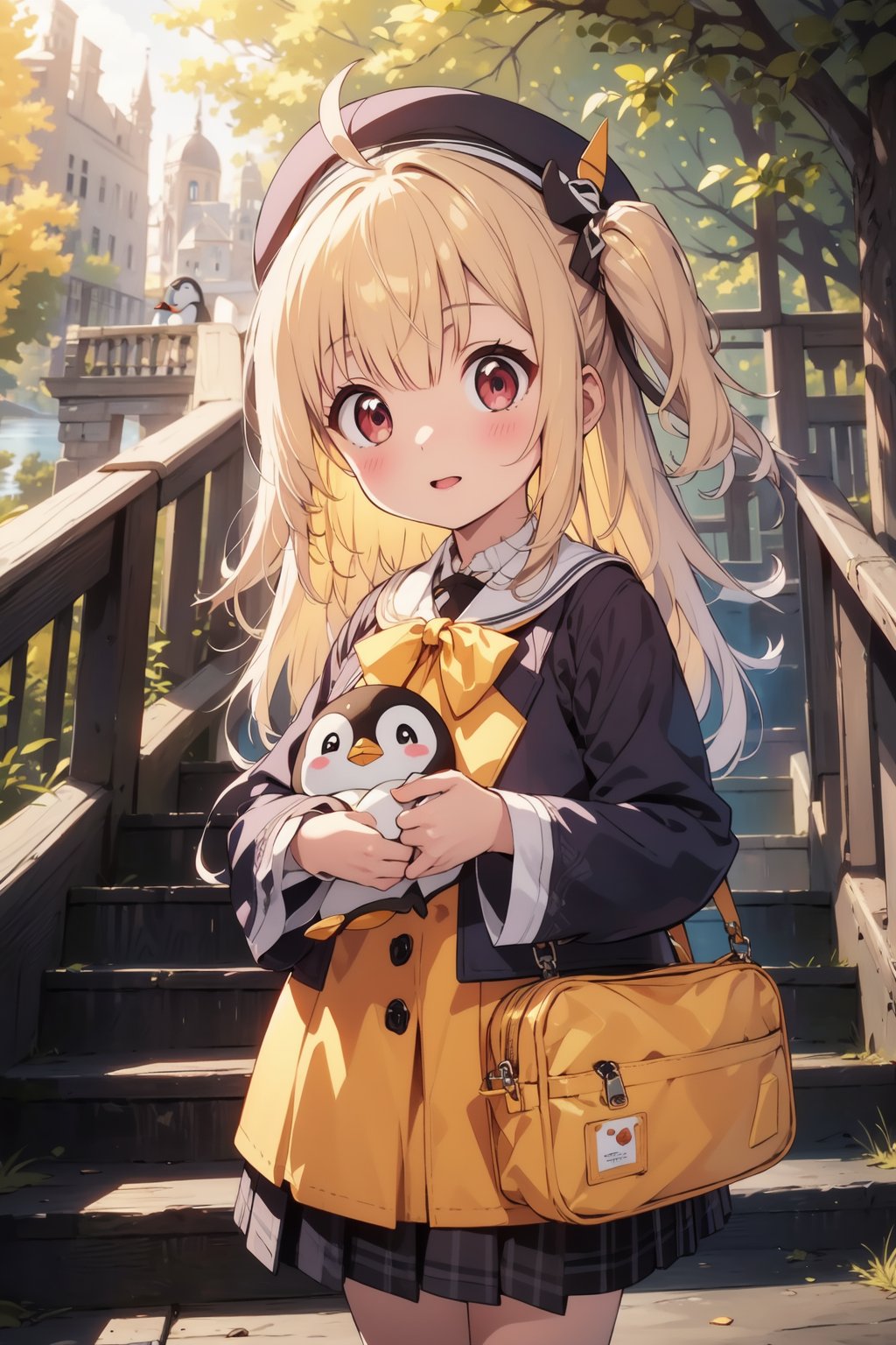 masterpiece,illustration,ray tracing,finely detailed,best detailed,Clear picture,intricate details,highlight,
anime,
gothic architecture,
looking at viewer,

nature,gothic architecture,bird,the lakeside in the heart of the forest,the staircase of the balcony,

NikkeRei,
1girl,loli,baby,long hair,hat,light blonde hair,
yellow bow,yellow bag,skirt,upper body,
NikkePenguin,Penguin,