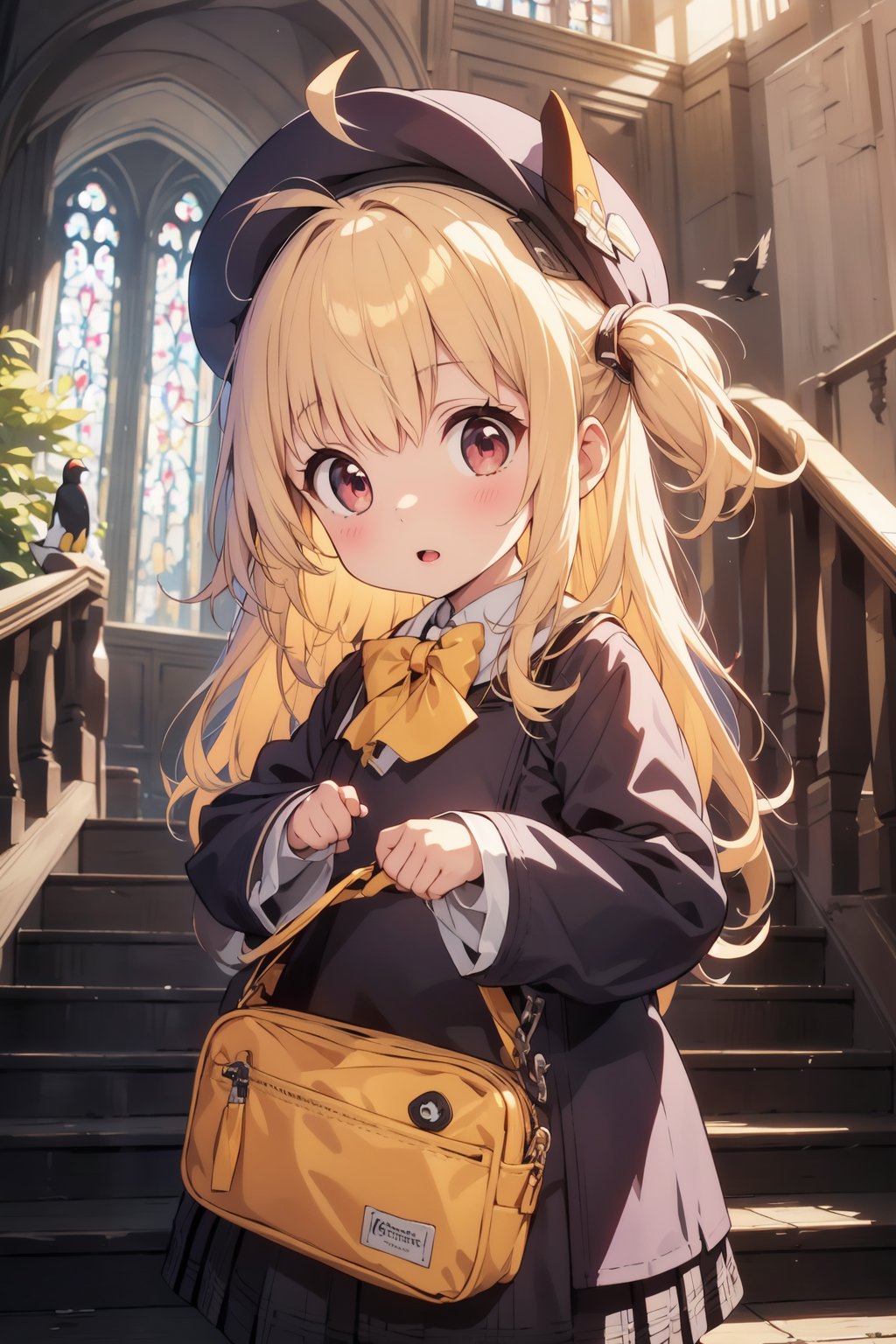 masterpiece,illustration,ray tracing,finely detailed,best detailed,Clear picture,intricate details,highlight,
anime,
gothic architecture,
looking at viewer,

nature,gothic architecture,bird,the lakeside in the heart of the forest,the staircase of the balcony,

NikkeRei,
1girl,loli,baby,long hair,hat,light blonde hair,
yellow bow,yellow bag,skirt,upper body,
NikkePenguin,Penguin,