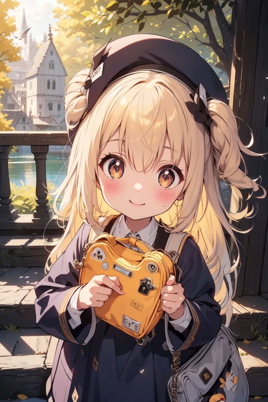 masterpiece,illustration,ray tracing,finely detailed,best detailed,Clear picture,intricate details,highlight,
anime,
gothic architecture,
looking at viewer,

nature,gothic architecture,bird,the lakeside in the heart of the forest,the staircase of the balcony,

NikkeRei,
1girl,loli,baby,long hair,hat,light blonde hair,
yellow bow,yellow bag,skirt,upper body,
NikkePenguin,Penguin,