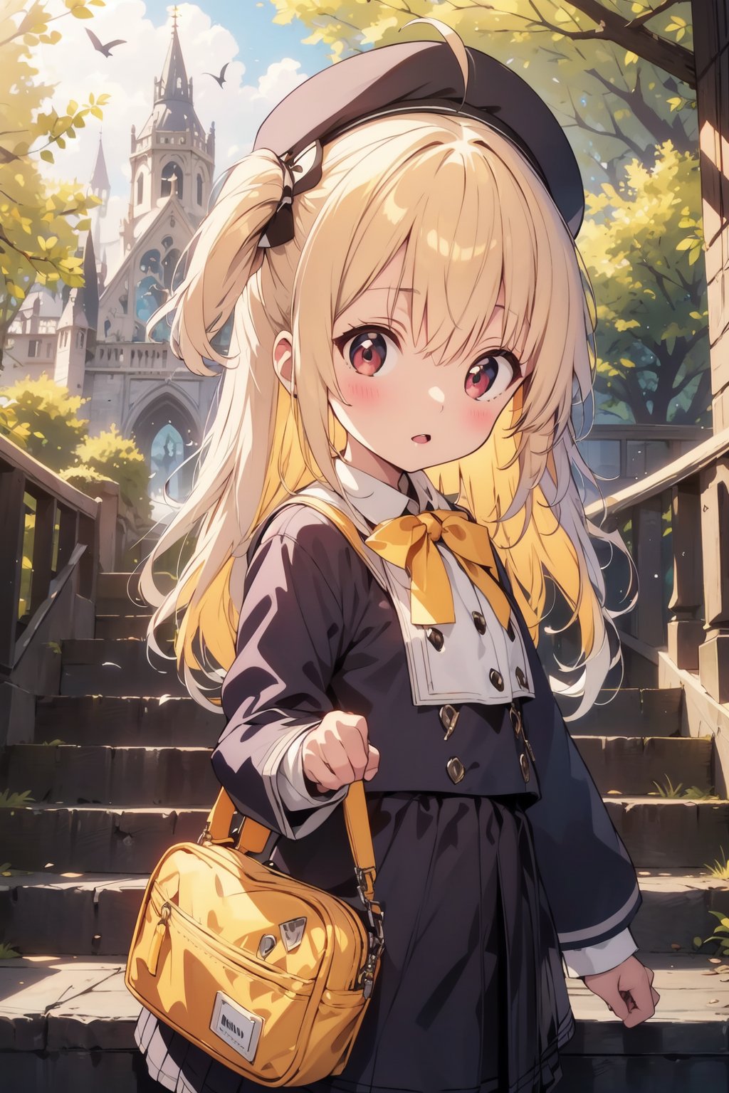 masterpiece,illustration,ray tracing,finely detailed,best detailed,Clear picture,intricate details,highlight,
anime,
gothic architecture,
looking at viewer,

nature,gothic architecture,bird,the lakeside in the heart of the forest,the staircase of the balcony,

NikkeRei,
1girl,loli,baby,long hair,hat,light blonde hair,
yellow bow,yellow bag,skirt,upper body,
NikkePenguin,Penguin,