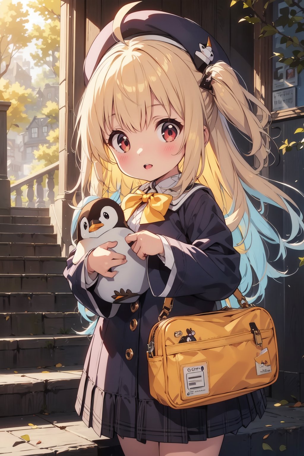 masterpiece,illustration,ray tracing,finely detailed,best detailed,Clear picture,intricate details,highlight,
anime,
gothic architecture,
looking at viewer,

nature,gothic architecture,bird,the lakeside in the heart of the forest,the staircase of the balcony,

NikkeRei,
1girl,loli,baby,long hair,hat,light blonde hair,
yellow bow,yellow bag,skirt,upper body,
NikkePenguin,Penguin,