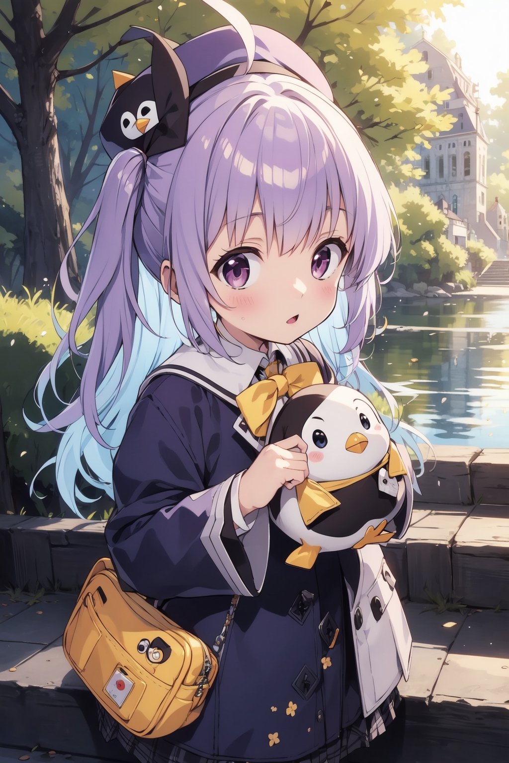 masterpiece,illustration,ray tracing,finely detailed,best detailed,Clear picture,intricate details,highlight,
anime,
gothic architecture,
looking at viewer,

nature,gothic architecture,bird,the lakeside in the heart of the forest,the staircase of the balcony,

NikkeRei,
1girl,loli,baby,long hair,hat,light purple hair,
yellow bow,yellow bag,skirt,upper body,
NikkePenguin,Penguin,