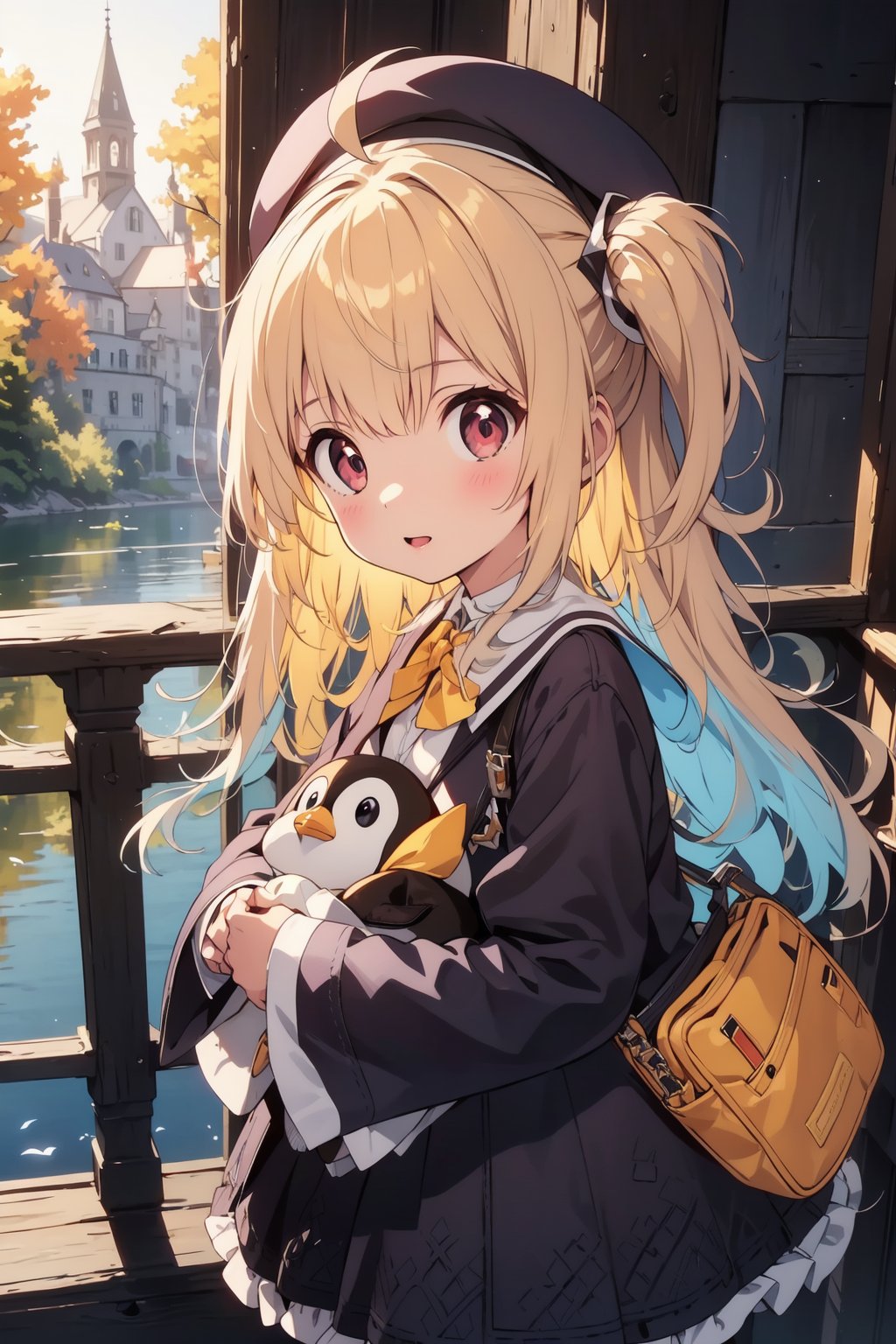 masterpiece,illustration,ray tracing,finely detailed,best detailed,Clear picture,intricate details,highlight,
anime,
gothic architecture,
looking at viewer,

nature,gothic architecture,bird,the lakeside in the heart of the forest,the staircase of the balcony,

NikkeRei,
1girl,loli,baby,long hair,hat,light blonde hair,
yellow bow,yellow bag,skirt,upper body,
NikkePenguin,Penguin,