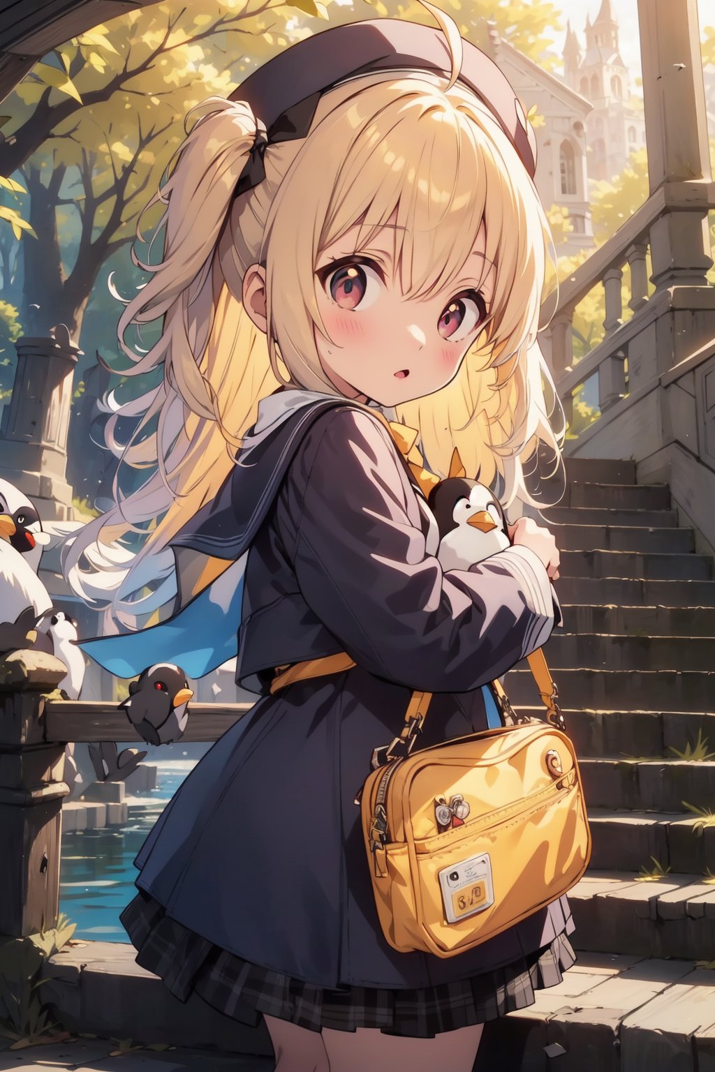 masterpiece,illustration,ray tracing,finely detailed,best detailed,Clear picture,intricate details,highlight,
anime,
gothic architecture,
looking at viewer,

nature,gothic architecture,bird,the lakeside in the heart of the forest,the staircase of the balcony,

NikkeRei,
1girl,loli,baby,long hair,hat,light blonde hair,
yellow bow,yellow bag,skirt,upper body,
NikkePenguin,Penguin,