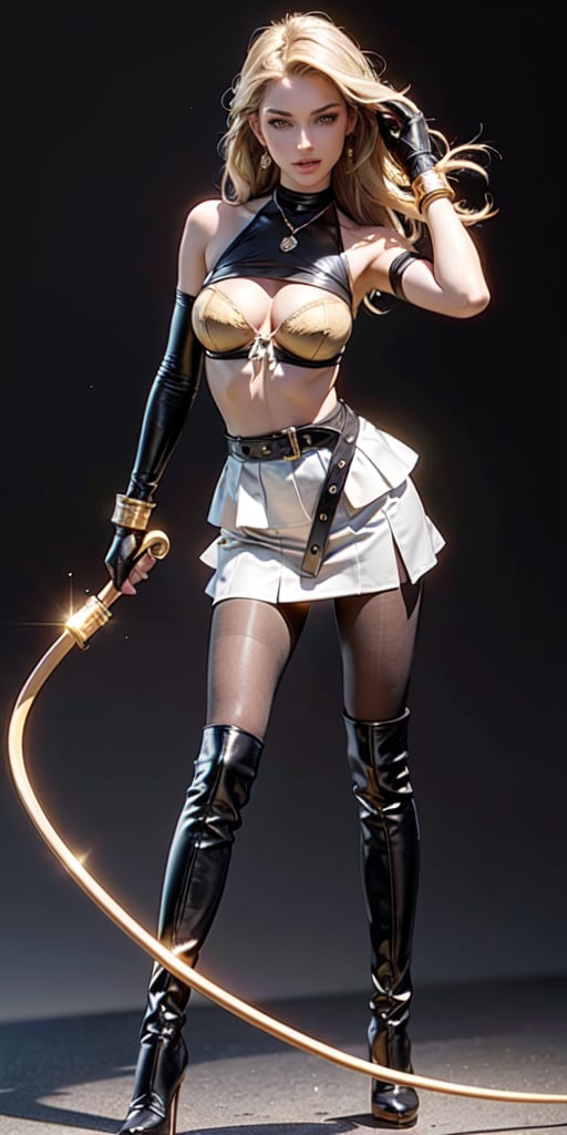 (((Must Include One Extremely Thin Golden Bullwhip Only with visible handle))), (((dominatrix))), (((femdom))), (((must hold one golden bullwhip with silver handle in right hand firmly))), (((must include short skirt))), (((must include shoulder gear))), (((must include pantyhose))), (((Thin whip string))), (((left hand on waist))), (((blank background))), (((blank black background))), (((black pantyhose must cover all the way to hip))), (((leather thigh boots with Stiletto heels with spurs))), (((thight high boots))), (((black sheer pantyhose))), (((earring))), (((necklace))), (((long gloves))), expensive jewelries, (((noble top attires))), (((bra))), laugher facial expression, femme fatale, Russian girl, caucasian woman, (((mature))), (((holding whip handle))), masterpiece, best quality, photorealistic, raw photo, 1girl, long blonde hair, blouse, light smile, detailed skin, pore, voluptuous, off_shoulder, Realism, beautiful and aesthetic, 16K, (HDR:1.4), high contrast, bokeh:1.2, lens flare, (vibrant color:1.4), (muted colors, dim colors, soothing tones:0), cinematic lighting, ambient lighting, sidelighting, Exquisite details and textures, cinematic shot, Warm tone, (Bright and intense:1.2), wide shot, by playai, ultra realistic illustration, siena natural ratio, Full length side view, cinematic lighting, ambient lighting, sidelighting, Black background, Studio lighting, professional photography, rich color,Looking down,red hair, forehead,dress, long sleeves, milf, big_thighs, big_breasts,Detailedface,genshinweapon,1girl,mature female,motherly,black pantyhose,1boy