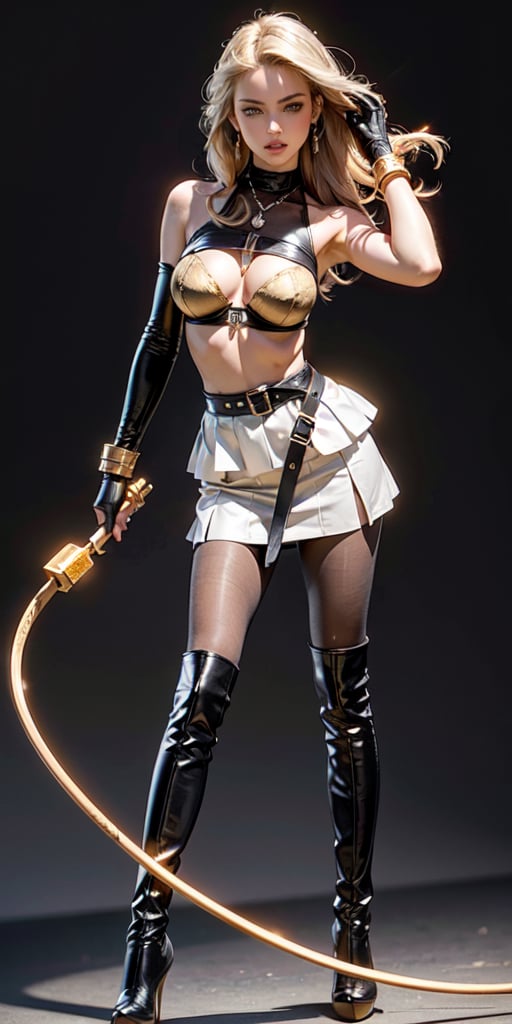 (((Must Include One Extremely Thin Golden Bullwhip Only with visible handle))), (((dominatrix))), (((femdom))), (((must hold one golden bullwhip with silver handle in right hand firmly))), (((must include short skirt))), (((must include shoulder gear))), (((must include pantyhose))), (((Thin whip string))), (((left hand on waist))), (((blank background))), (((blank black background))), (((black pantyhose must cover all the way to hip))), (((leather thigh boots with Stiletto heels with spurs))), (((thight high boots))), (((black sheer pantyhose))), (((earring))), (((necklace))), (((long gloves))), expensive jewelries, (((noble top attires))), (((bra))), laugher facial expression, femme fatale, Russian girl, caucasian woman, (((mature))), (((holding whip handle))), masterpiece, best quality, photorealistic, raw photo, 1girl, long blonde hair, blouse, light smile, detailed skin, pore, voluptuous, off_shoulder, Realism, beautiful and aesthetic, 16K, (HDR:1.4), high contrast, bokeh:1.2, lens flare, (vibrant color:1.4), (muted colors, dim colors, soothing tones:0), cinematic lighting, ambient lighting, sidelighting, Exquisite details and textures, cinematic shot, Warm tone, (Bright and intense:1.2), wide shot, by playai, ultra realistic illustration, siena natural ratio, Full length side view, cinematic lighting, ambient lighting, sidelighting, Black background, Studio lighting, professional photography, rich color,Looking down,red hair, forehead,dress, long sleeves, milf, big_thighs, big_breasts,Detailedface,genshinweapon,1girl,mature female,motherly,black pantyhose,1boy