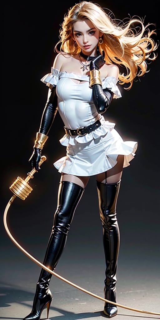 (((Must Include One Extremely Thin Golden Bullwhip Only with visible handle))), (((dominatrix))), (((femdom))), (((must hold one golden bullwhip with silver handle in right hand firmly))), (((must include short skirt))), (((must include shoulder gear))), (((must include pantyhose))), (((Thin whip string))), (((cylindrical whip string))), (((left hand on waist))), (((blank background))), (((blank black background))), (((black pantyhose must cover all the way to hip))), (((leather thigh boots with Stiletto heels with spurs))), (((thight high boots))), (((black sheer pantyhose))), (((earring))), (((necklace))), (((long gloves))), expensive jewelries, (((noble top attires))), (((bra))), laugher facial expression, femme fatale, Russian girl, caucasian woman, (((mature))), (((holding whip handle))), masterpiece, best quality, photorealistic, raw photo, 1girl, long blonde hair, blouse, light smile, detailed skin, pore, (((voluptuous))), (((large eyes))), off_shoulder, Realism, beautiful and aesthetic, 16K, (HDR:1.4), high contrast, bokeh:1.2, lens flare, (vibrant color:1.4), (muted colors, dim colors, soothing tones:0), cinematic lighting, ambient lighting, sidelighting, Exquisite details and textures, cinematic shot, Warm tone, (Bright and intense:1.2), wide shot, by playai, ultra realistic illustration, siena natural ratio, Full length side view, cinematic lighting, ambient lighting, sidelighting, Black background, Studio lighting, professional photography, rich color,Looking down,red hair, forehead,dress, long sleeves, milf, big_thighs, big_breasts,Detailedface,1girl,mature female,motherly,black pantyhose,1boy,black_footwear