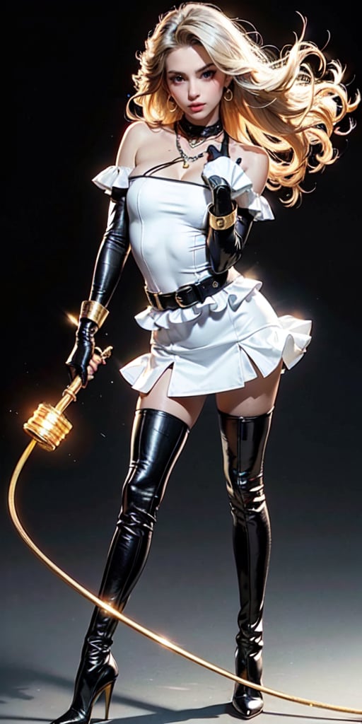 (((Must Include One Extremely Thin Golden Bullwhip Only with visible handle))), (((dominatrix))), (((femdom))), (((must hold one golden bullwhip with silver handle in right hand firmly))), (((must include short skirt))), (((must include shoulder gear))), (((must include pantyhose))), (((Thin whip string))), (((cylindrical whip string))), (((left hand on waist))), (((blank background))), (((blank black background))), (((black pantyhose must cover all the way to hip))), (((leather thigh boots with Stiletto heels with spurs))), (((thight high boots))), (((black sheer pantyhose))), (((earring))), (((necklace))), (((long gloves))), expensive jewelries, (((noble top attires))), (((bra))), laugher facial expression, femme fatale, Russian girl, caucasian woman, (((mature))), (((holding whip handle))), masterpiece, best quality, photorealistic, raw photo, 1girl, long blonde hair, blouse, light smile, detailed skin, pore, (((voluptuous))), (((large eyes))), off_shoulder, Realism, beautiful and aesthetic, 16K, (HDR:1.4), high contrast, bokeh:1.2, lens flare, (vibrant color:1.4), (muted colors, dim colors, soothing tones:0), cinematic lighting, ambient lighting, sidelighting, Exquisite details and textures, cinematic shot, Warm tone, (Bright and intense:1.2), wide shot, by playai, ultra realistic illustration, siena natural ratio, Full length side view, cinematic lighting, ambient lighting, sidelighting, Black background, Studio lighting, professional photography, rich color,Looking down,red hair, forehead,dress, long sleeves, milf, big_thighs, big_breasts,Detailedface,1girl,mature female,motherly,black pantyhose,1boy,black_footwear