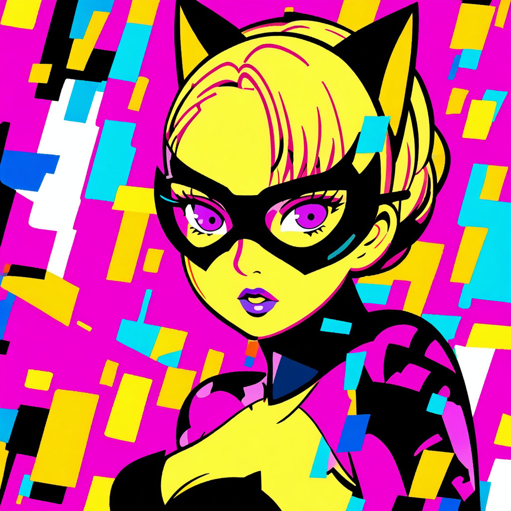 comic book illustration of a portrait of a woman dressed as Catwoman, wearing catwoman mask, wearing glasses, (((only one woman))), lightly open lips, short blonde with pink highlights hair, tattooed  body, full color, vibrant colors, 
sexy body, detailed gorgeous face, shooting a movie, film environment, film set in background, exquisite detail,  30-megapixel, 4k, Flat vector art, Vector illustration, Illustration,,,<lora:659095807385103906:1.0>