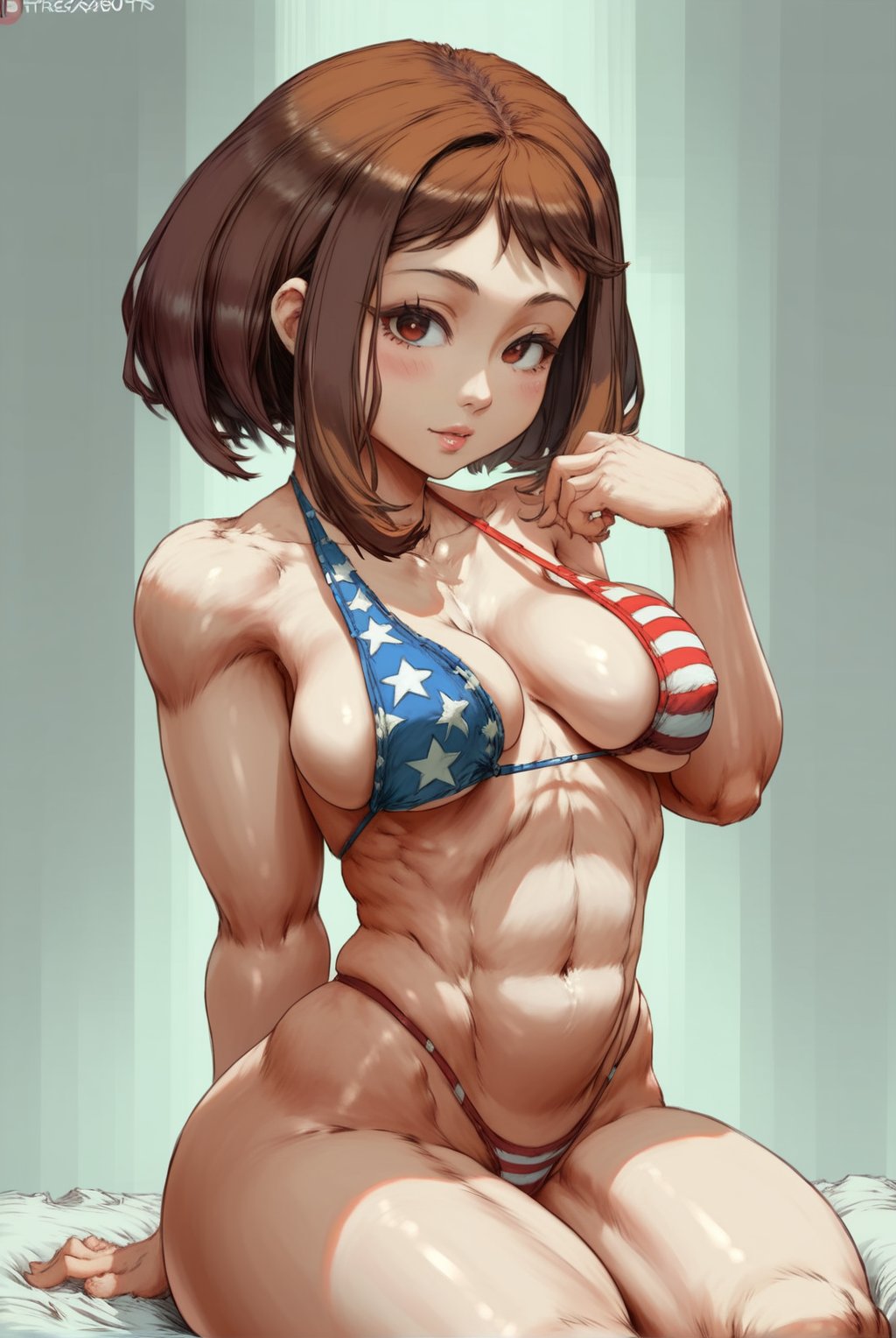 (ratatatat74, cutesexyrobutts), (score_9, score_8_up, score_7_up), (digital painting, sketch style:0.9), (HDR, colored), (16k), (best quality), (highest quality),

(uraraka ochako), short hair, brown hair, 

american flag bikini, swimsuit, bikini, skindentation,
