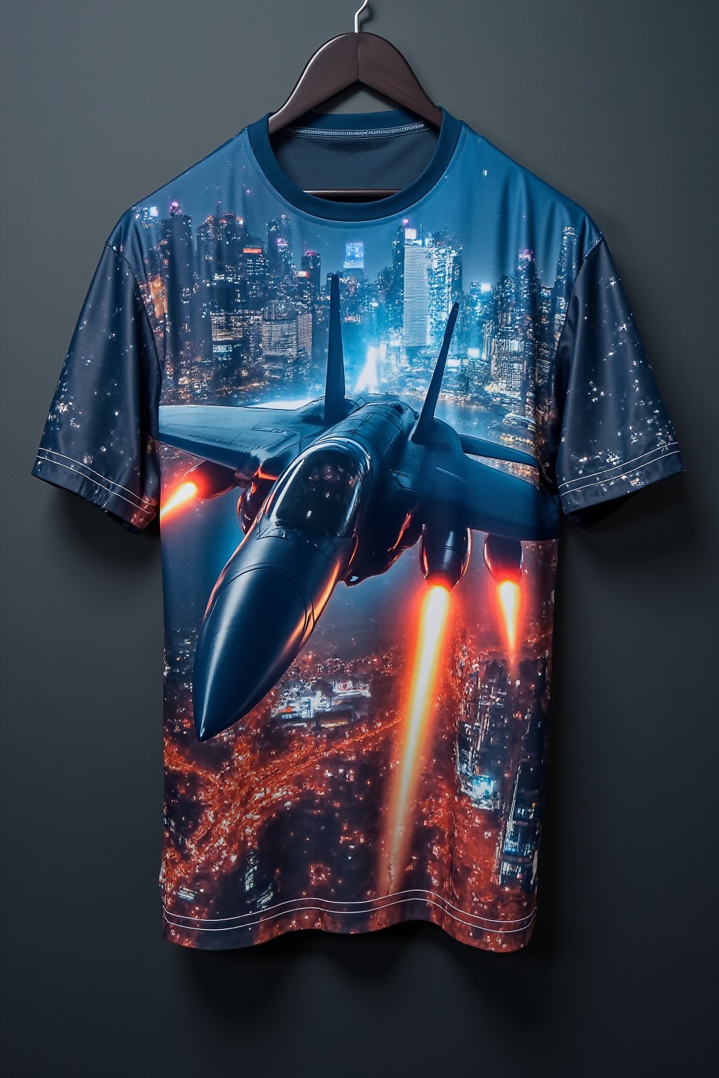 ,T_shirt,Design((best quality,ultra-detailed,realistic),fighter jet, flying over a city, at night, with vibrant city lights, atmospheric mood, cityscape, tall skyscrapers, glowing windows, illuminated streets, bustling traffic, dynamic motion blur, powerful engine exhaust, dramatic shadows, futuristic technology),full length shirt