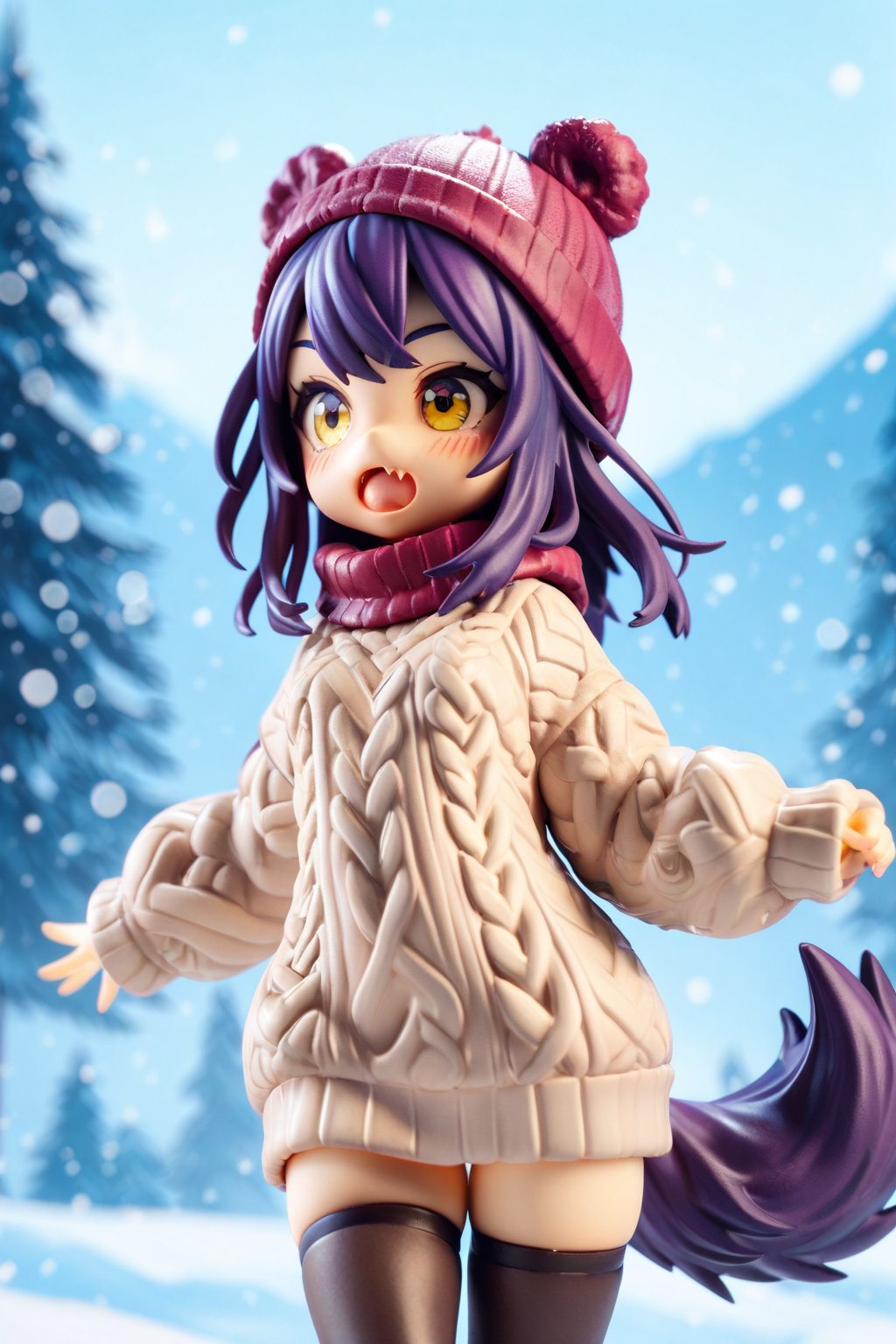 score_9,score_8_up,score_7_up,ClrSkt, 1girl, :o, animal ears, beanie, black thighhighs, blush, fang, hat, open mouth, purple hair, solo, sweater, tail, thighhighs, yellow eyes, snow, outdoors,3D,PVC Style