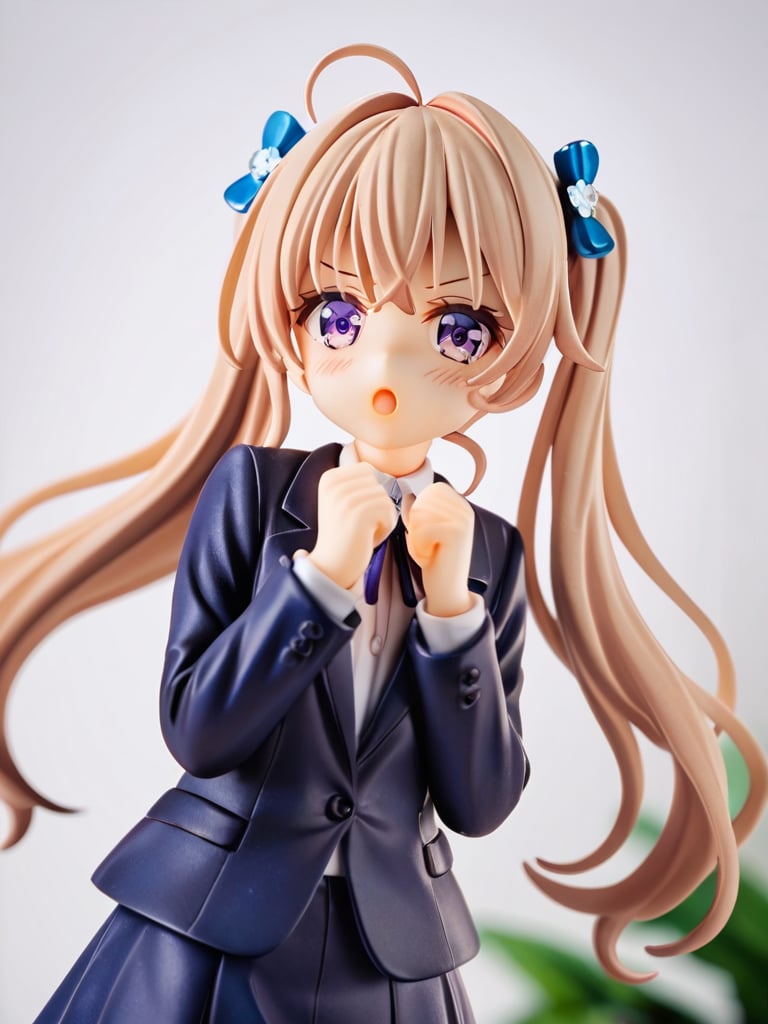 suzukazek aoba, 1girl, long hair, twintails, purple hiar, purple eyes, hair ornament,

 looking at viewer, blush, V-sharped eyebrows, :o, 

 formal, dark blue jaket suit, dark blue skirt suit , neck ribbon,

standing, standing straight, make clenched hands in front of own slightly below the throat,

in the collection room, display shelves, fancy items, home game consoles, game pads, puzzles, toys, fancy toys, stuffed toys, anime character figures,

shot from front , cowboy shot,

suzukaze aoba, score_9_up, score_8_up,score_7_up,3D,PVC Style