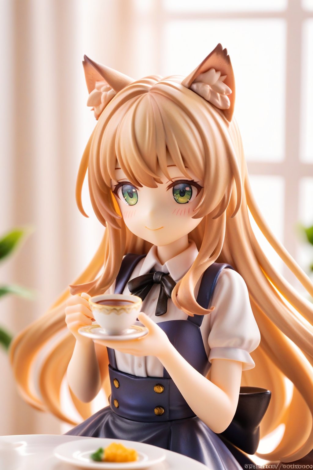 A young blonde girl with long hair and bangs sits comfortably on a chair, wearing a white collared shirt with puffy short sleeves and a black bow tied around her neck. Her face is aglow with a gentle blush and a warm smile, as she holds a teacup and saucer in her hands. Her eyes are closed, and extra cat ears sprout from the top of her head, complete with fluffy ear fluff. A black ribbon wraps around her hair, tied in a neat bow at the back. She appears to be lost in thought, surrounded by the cozy atmosphere of an indoor setting with a window in the background, fine art parody, Oil painting style., score_9_up, score_8_up,score_7_up,3D,PVC Style,beautiful_female_fingers,perfect hands,detailed hands,beautiful hands